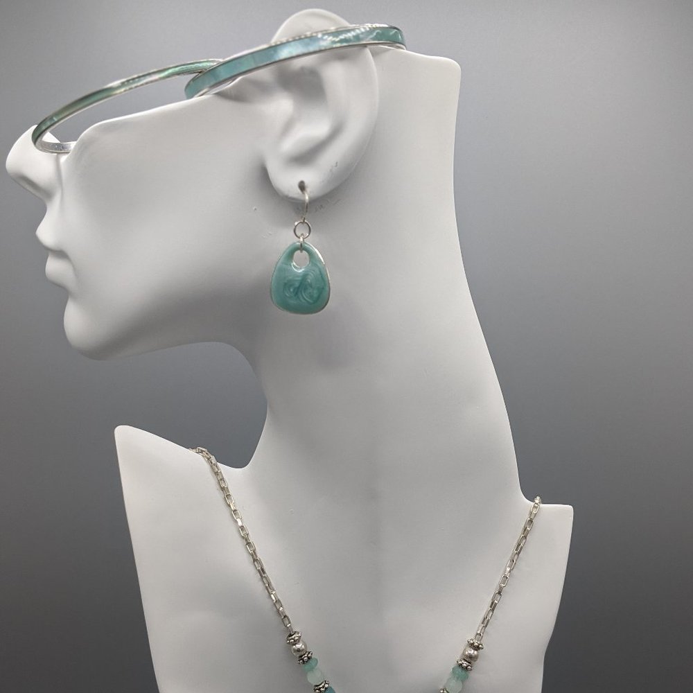 Beautiful Aqua Enamel Necklace Earring Bangle Set